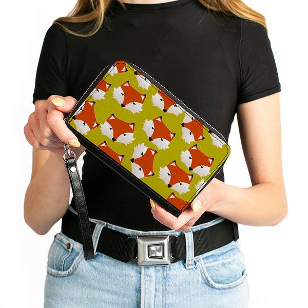 Buckle-Down PU Zip Around Wallet Rectangle - Fox Face Scattered Warm Olive