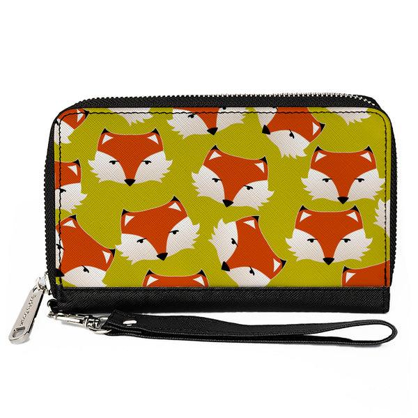 Buckle-Down PU Zip Around Wallet Rectangle - Fox Face Scattered Warm Olive