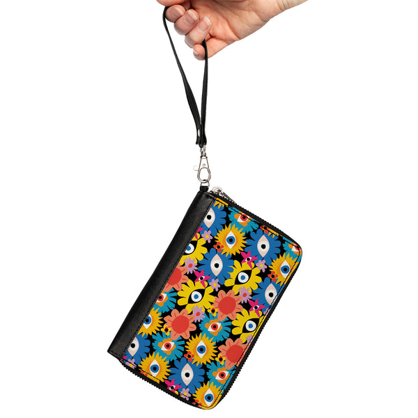 Buckle-Down PU Zip Around Wallet Rectangle - Funky Eye Flowers Black/Multi Color