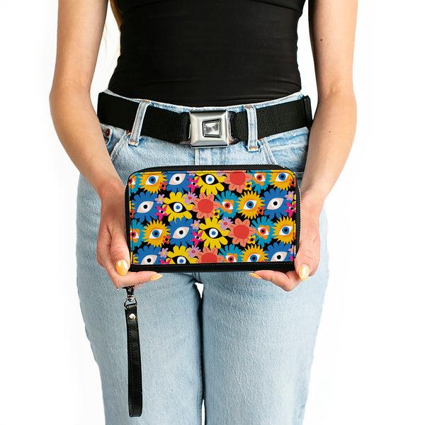 Buckle-Down PU Zip Around Wallet Rectangle - Funky Eye Flowers Black/Multi Color
