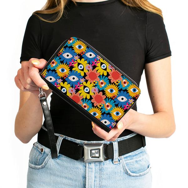 Buckle-Down PU Zip Around Wallet Rectangle - Funky Eye Flowers Black/Multi Color