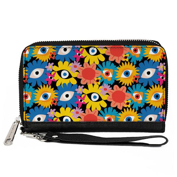 Buckle-Down PU Zip Around Wallet Rectangle - Funky Eye Flowers Black/Multi Color