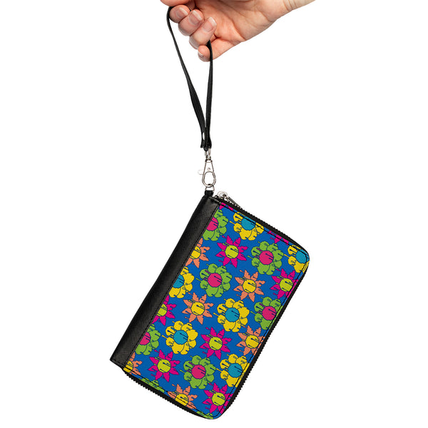 Buckle-Down PU Zip Around Wallet Rectangle - Funky Flower Drip Blue/Multi Color