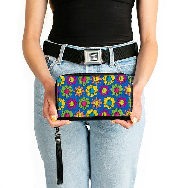 Buckle-Down PU Zip Around Wallet Rectangle - Funky Flower Drip Blue/Multi Color