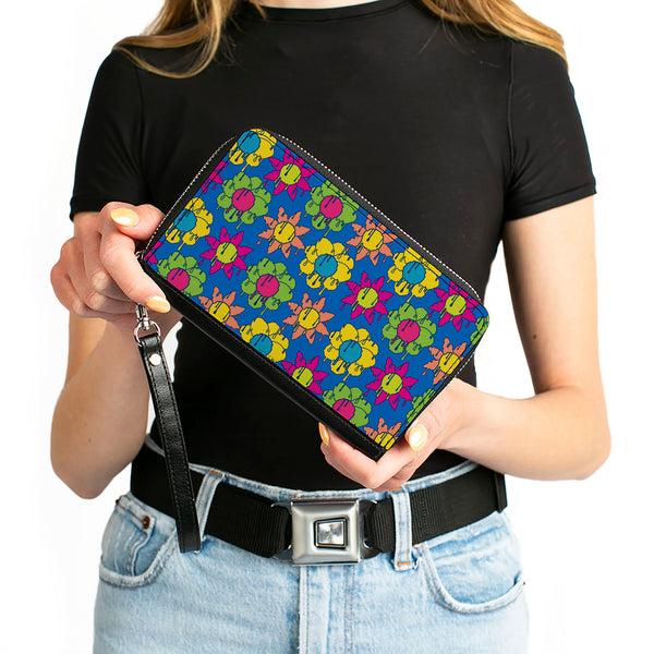 Buckle-Down PU Zip Around Wallet Rectangle - Funky Flower Drip Blue/Multi Color