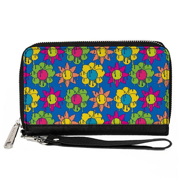 Buckle-Down PU Zip Around Wallet Rectangle - Funky Flower Drip Blue/Multi Color