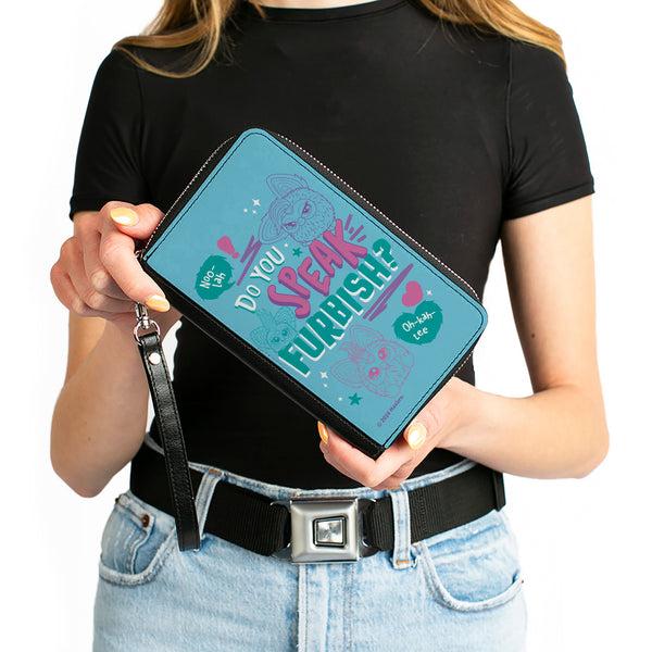 Buckle-Down PU Zip Around Wallet Rectangle - Furby DO YOU SPEAK FURBISH Poses And Quote Blues/Purple