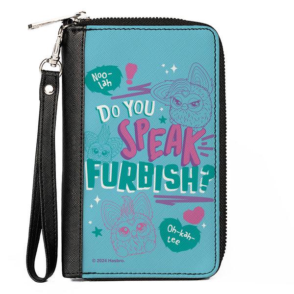 Buckle-Down PU Zip Around Wallet Rectangle - Furby DO YOU SPEAK FURBISH Poses and Quote Blues/Purple