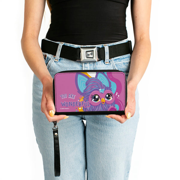 Buckle-Down PU Zip Around Wallet Rectangle - Furby Purple Furby YOU ARE WONDERFUL Running Pose Pinks/Purples