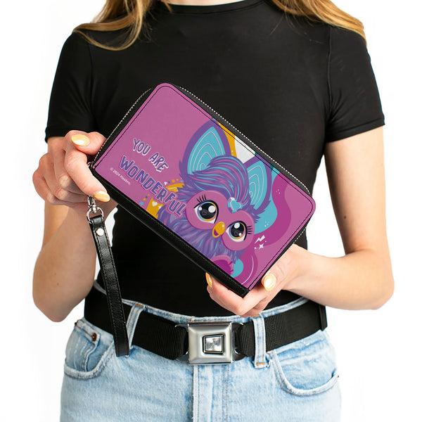 Buckle-Down PU Zip Around Wallet Rectangle - Furby Purple Furby YOU ARE WONDERFUL Running Pose Pinks/Purples