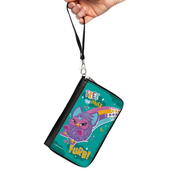 Buckle-Down PU Zip Around Wallet Rectangle - Furby Purple Furby FREE YOUR INNER FURB Rainbow Pose Teal/Multi Color