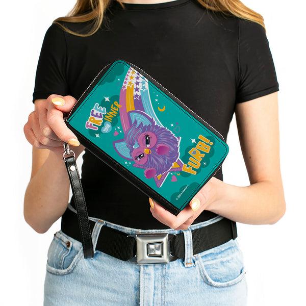 Buckle-Down PU Zip Around Wallet Rectangle - Furby Purple Furby FREE YOUR INNER FURB Rainbow Pose Teal/Multi Color
