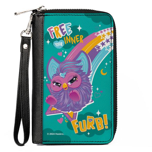 Buckle-Down PU Zip Around Wallet Rectangle - Furby Purple Furby FREE YOUR INNER FURB Rainbow Pose Teal/Multi Color