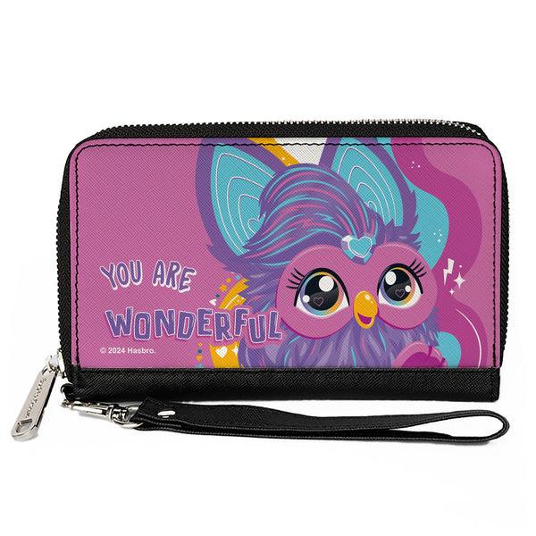 Buckle-Down PU Zip Around Wallet Rectangle - Furby Purple Furby YOU ARE WONDERFUL Running Pose Pinks/Purples