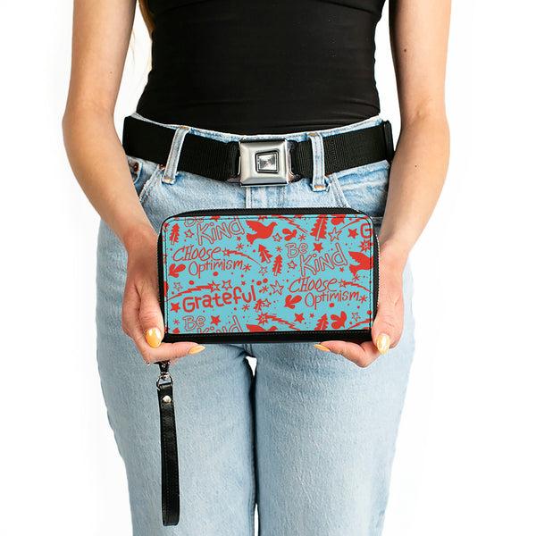 Buckle-Down PU Zip Around Wallet Rectangle - GRATEFUL OPTIMISM BE KIND Icons Collage Blue/Red