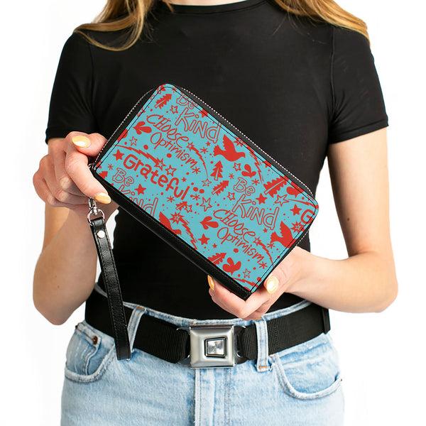 Buckle-Down PU Zip Around Wallet Rectangle - GRATEFUL OPTIMISM BE KIND Icons Collage Blue/Red
