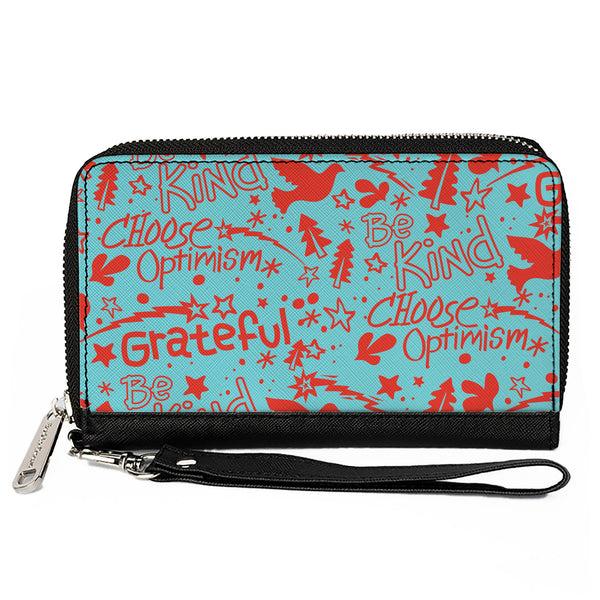 Buckle-Down PU Zip Around Wallet Rectangle - GRATEFUL OPTIMISM BE KIND Icons Collage Blue/Red