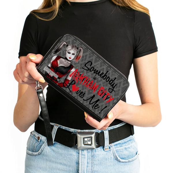 Buckle-Down PU Zip Around Wallet Rectangle - Harley Quinn SOMEBODY IN ARKHAM CITY LOVES ME Grays/Black/Red