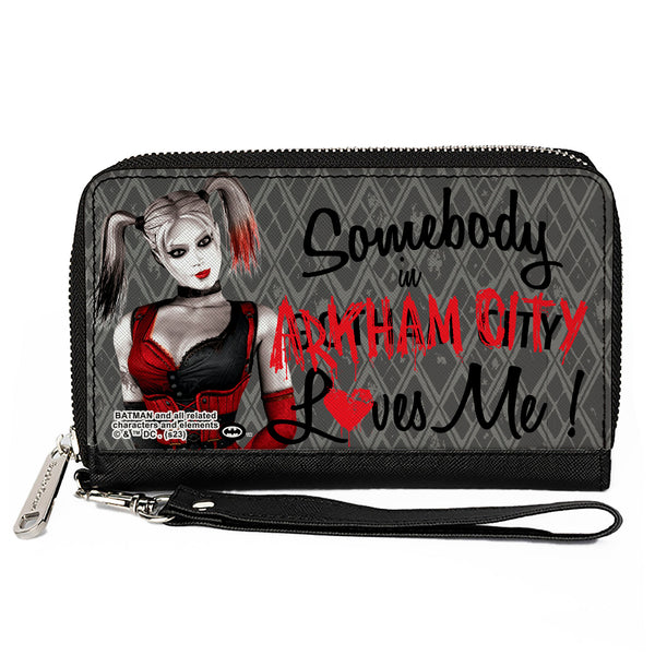 Buckle-Down PU Zip Around Wallet Rectangle - Harley Quinn SOMEBODY IN ARKHAM CITY LOVES ME Grays/Black/Red