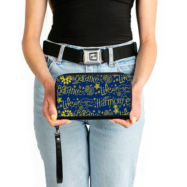 Buckle-Down PU Zip Around Wallet Rectangle - HARMONY BALANCE LIFE Icons Collage Blue/Yellow