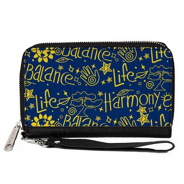 Buckle-Down PU Zip Around Wallet Rectangle - HARMONY BALANCE LIFE Icons Collage Blue/Yellow