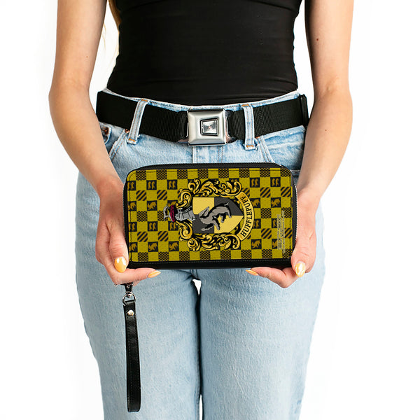 Buckle-Down PU Zip Around Wallet Rectangle - Harry Potter HUFFLEPUFF Crest Heraldry Checkers Golds/Black