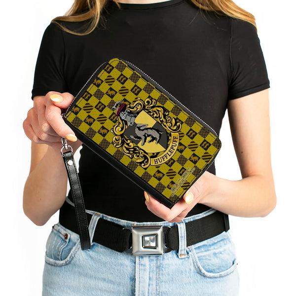 Buckle-Down PU Zip Around Wallet Rectangle - Harry Potter HUFFLEPUFF Crest Heraldry Checkers Golds/Black