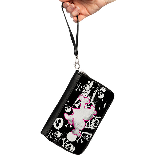 Buckle-Down PU Zip Around Wallet Rectangle - Heart & Cross Bones W/Skulls & Splatter Black/White