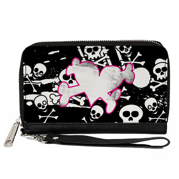 Buckle-Down PU Zip Around Wallet Rectangle - Heart & Cross Bones w/Skulls & Splatter Black/White