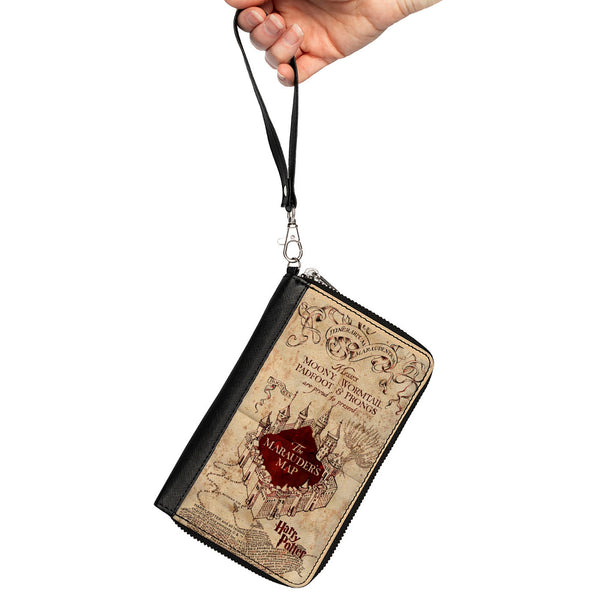 Buckle-Down PU Zip Around Wallet Rectangle - Hogwarts School THE MARAUDER'S MAP Tan/Reds
