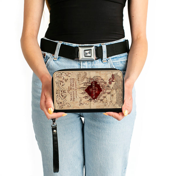 Buckle-Down PU Zip Around Wallet Rectangle - Hogwarts School THE MARAUDER'S MAP Tan/Reds