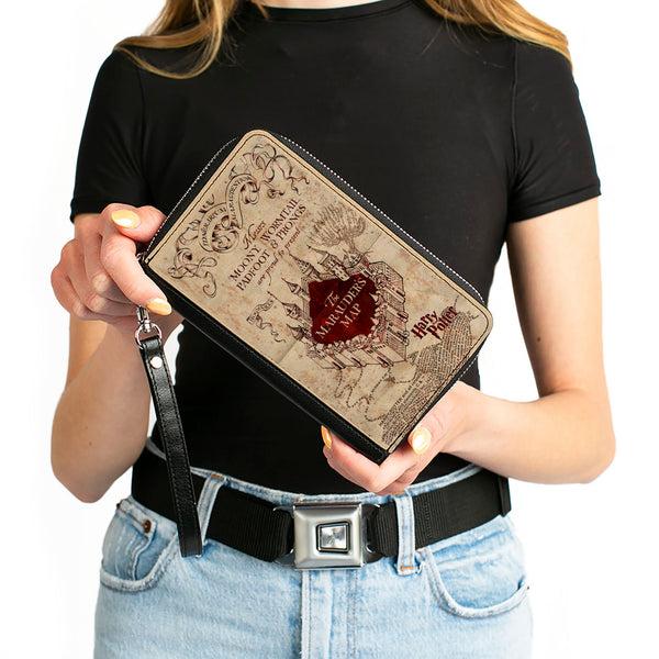 Buckle-Down PU Zip Around Wallet Rectangle - Hogwarts School THE MARAUDER'S MAP Tan/Reds