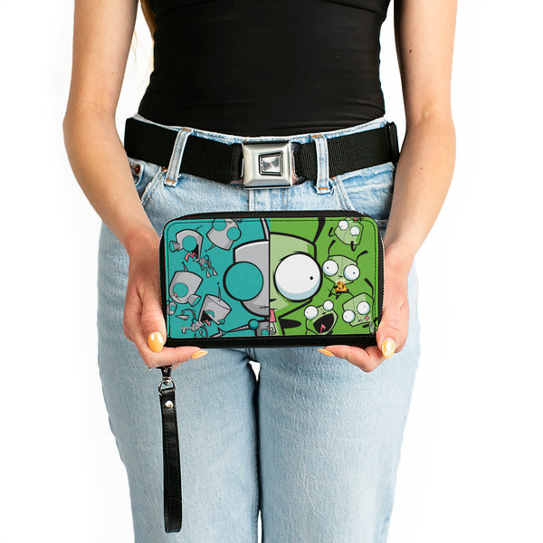 Buckle-Down PU Zip Around Wallet Rectangle - Invader Zim GIR Split Close-Up And Poses Blue/Green