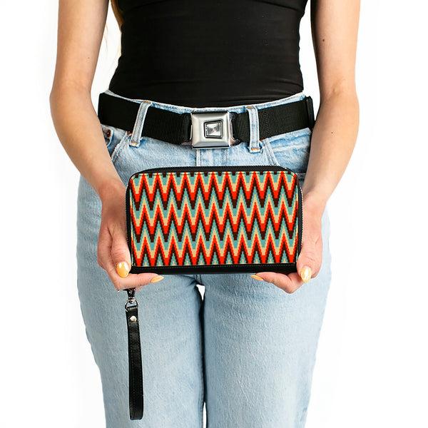 Buckle-Down PU Zip Around Wallet Rectangle - Jagged Zig Zag Brown/Aqua/Cream/Red
