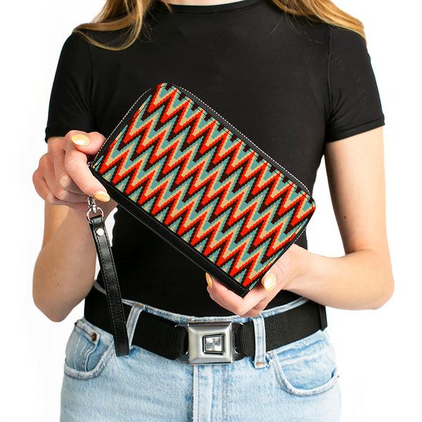 Buckle-Down PU Zip Around Wallet Rectangle - Jagged Zig Zag Brown/Aqua/Cream/Red