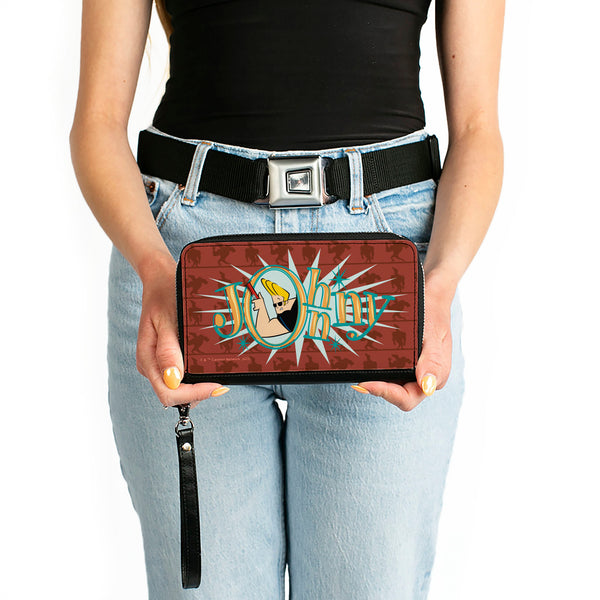 Buckle-Down PU Zip Around Wallet Rectangle - JOHNNY BRAVO Title Logo And Flex Pose Turns Reds