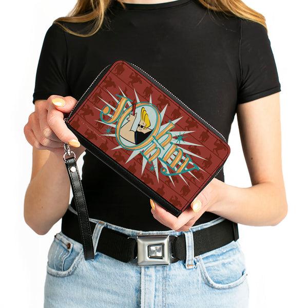Buckle-Down PU Zip Around Wallet Rectangle - JOHNNY BRAVO Title Logo And Flex Pose Turns Reds