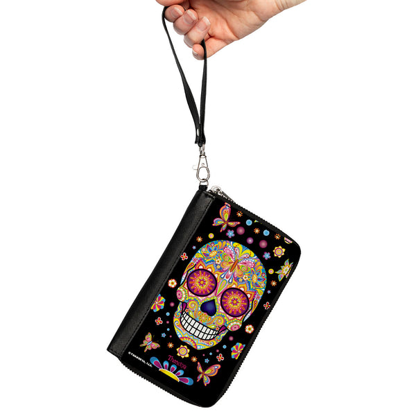 Buckle-Down PU Zip Around Wallet Rectangle - Mariposa Calaveras/Butterflies/Flowers Black/Multi Color