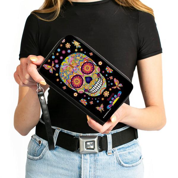 Buckle-Down PU Zip Around Wallet Rectangle - Mariposa Calaveras/Butterflies/Flowers Black/Multi Color