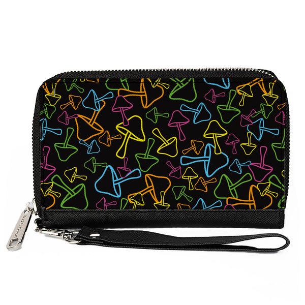 Buckle-Down PU Zip Around Wallet Rectangle - Mushroom Outlines Scattered2 Black Multi Neon