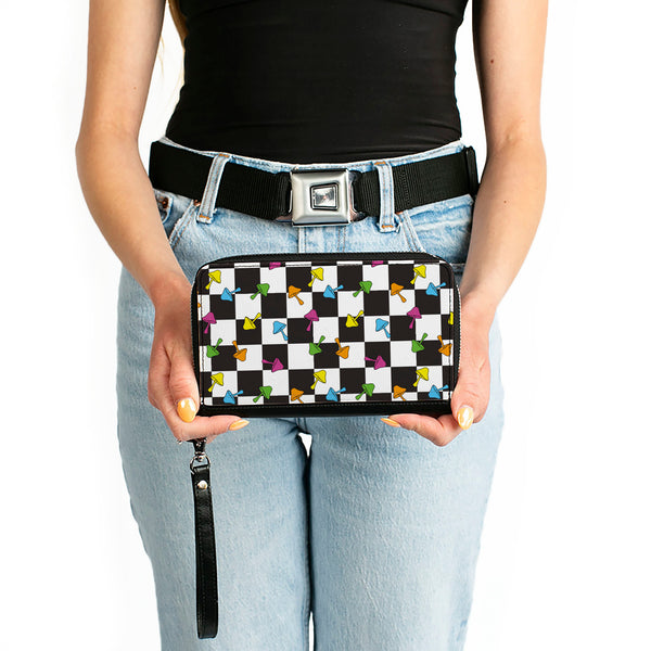 Buckle-Down PU Zip Around Wallet Rectangle - Mushrooms Scattered2 Checker Black White Multi Neon