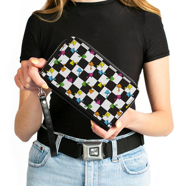 Buckle-Down PU Zip Around Wallet Rectangle - Mushrooms Scattered2 Checker Black White Multi Neon