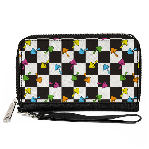 Buckle-Down PU Zip Around Wallet Rectangle - Mushrooms Scattered2 Checker Black White Multi Neon