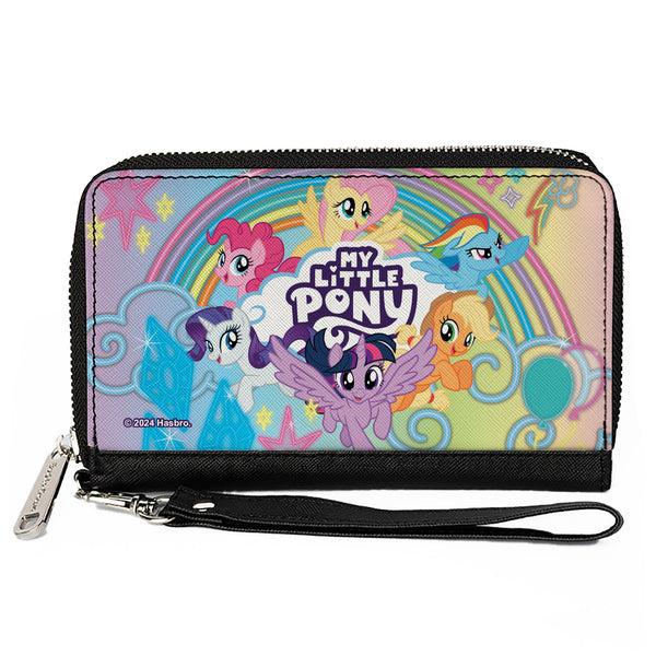 Buckle-Down PU Zip Around Wallet Rectangle - MY LITTLE PONY Mane Six Neon Lines Rainbow Pose and Title Logo Multi Color