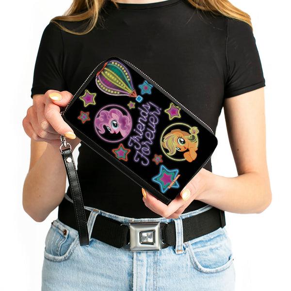 Buckle-Down PU Zip Around Wallet Rectangle - My Little Pony Pinkie Pie And Applejack FRIENDS FOREVER Neon Art Black/Multi Color