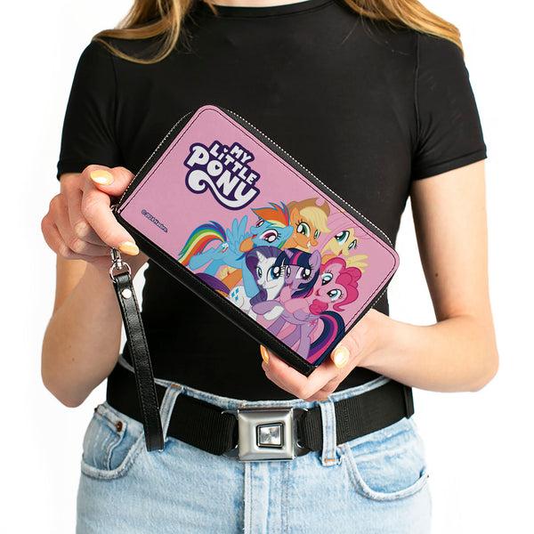 Buckle-Down PU Zip Around Wallet Rectangle - MY LITTLE PONY Title Logo And Mane Six Group Pose Pink