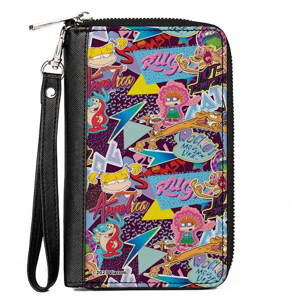 Buckle-Down PU Zip Around Wallet Rectangle - Nick 90's Show Logos and Characters Collage Purple/Multi Color