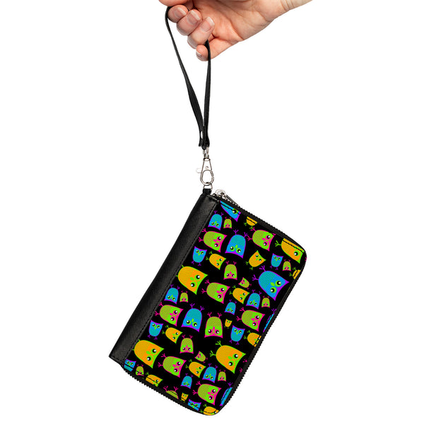 Buckle-Down PU Zip Around Wallet Rectangle - Owls Black/Multi Neon