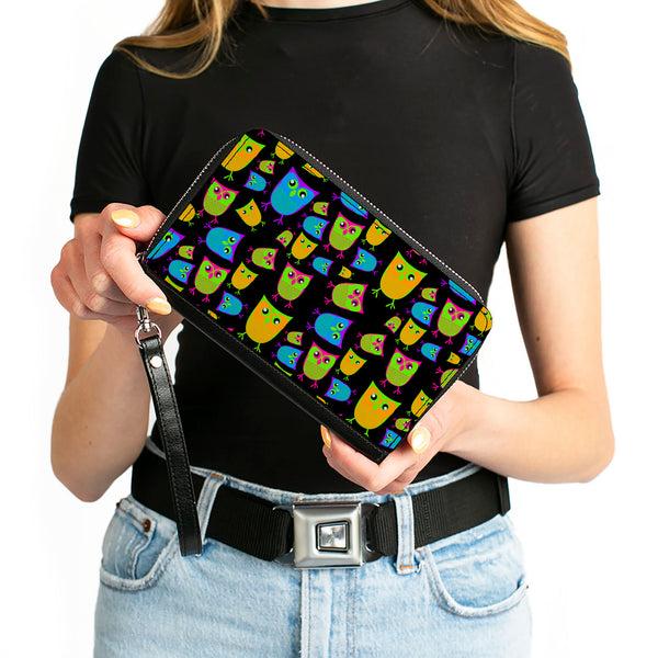 Buckle-Down PU Zip Around Wallet Rectangle - Owls Black/Multi Neon