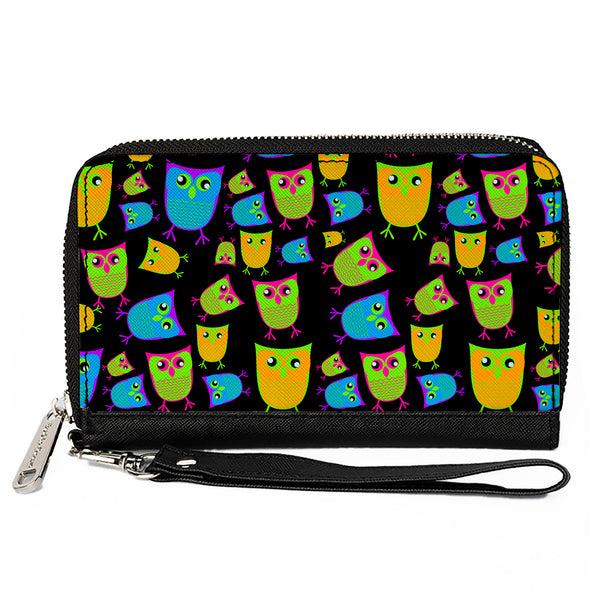 Buckle-Down PU Zip Around Wallet Rectangle - Owls Black/Multi Neon